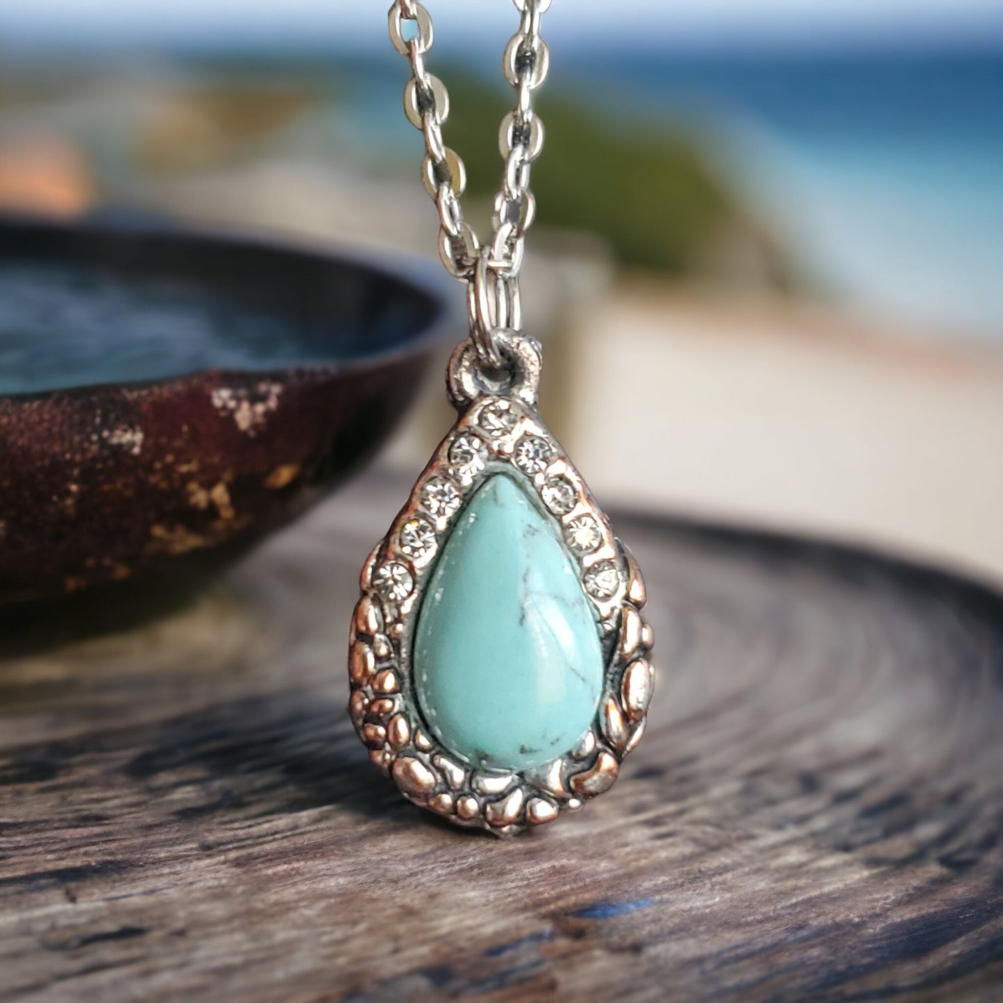 Native American Teardrop Turquoise Necklace, Crystal Accented Pendant for Boho Chic Fashion, Perfect Gift