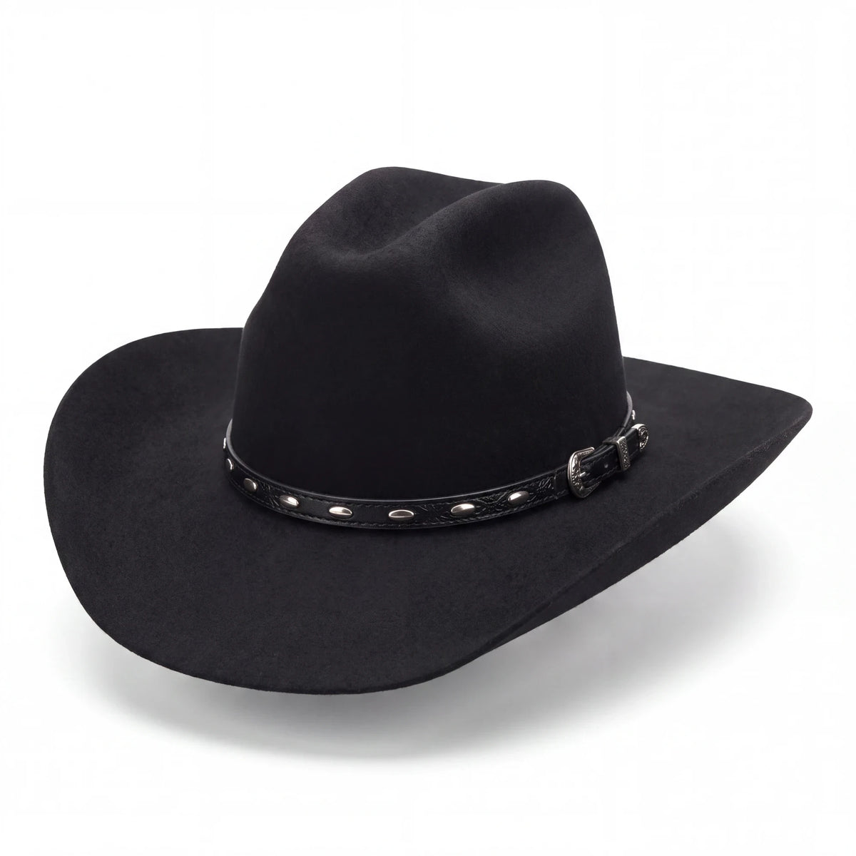 Spirit Warrior Provisions black felt cowboy hat featuring a leather hatband with silver Texas star accents