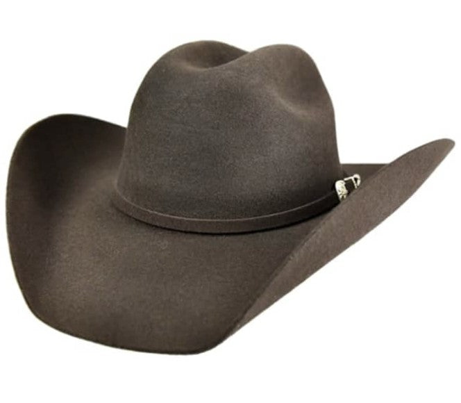 Spirit Warrior Provisions brown 3X wool felt cattleman western hat with a maverick-style brim and silver buckle detail