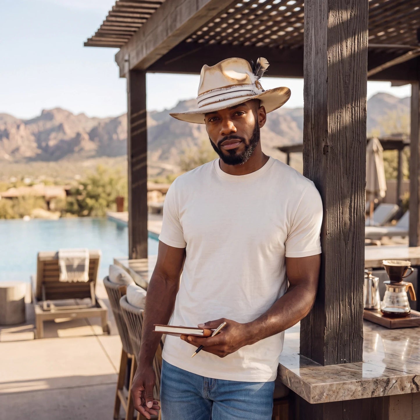 Spirit Warrior Provisions Camino sand felt pinch front hat with camel leather band and concho worn by a man outdoors