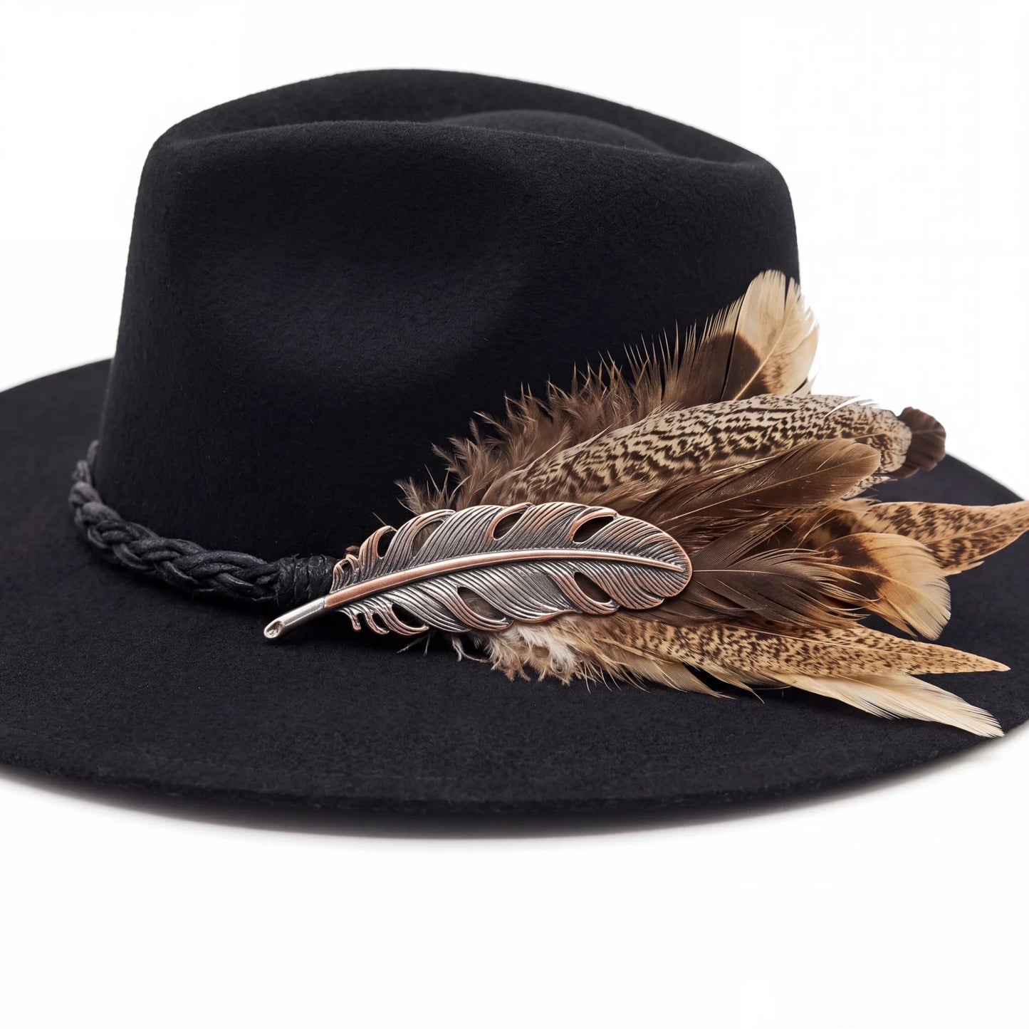 Luna Negra Black Pinch Front Felt Hat with Feather Detail | 4-Inch Brim