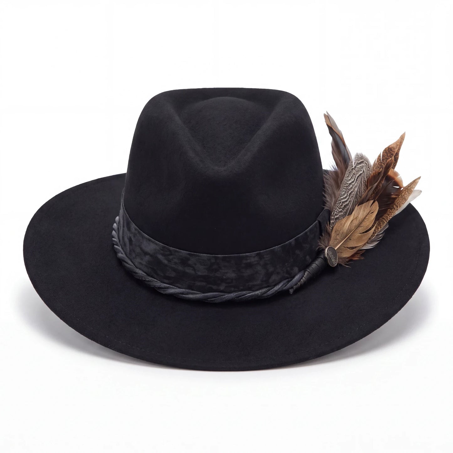Luna Negra Black Pinch Front Felt Hat with Feather Detail | 4-Inch Brim