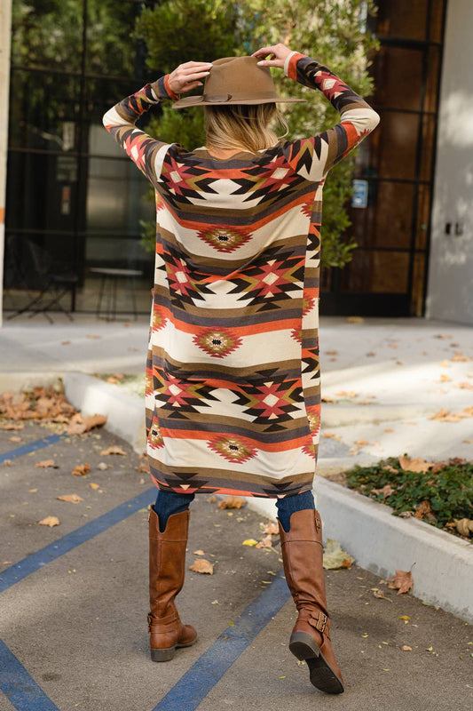 Aztec pattern long cardigan in neutral cream-and-brown palette