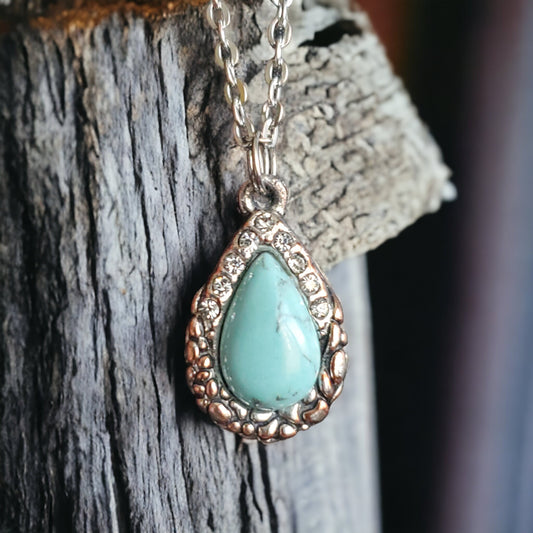 Native American Teardrop Turquoise Necklace, Crystal Accented Pendant for Boho Chic Fashion, Perfect Gift