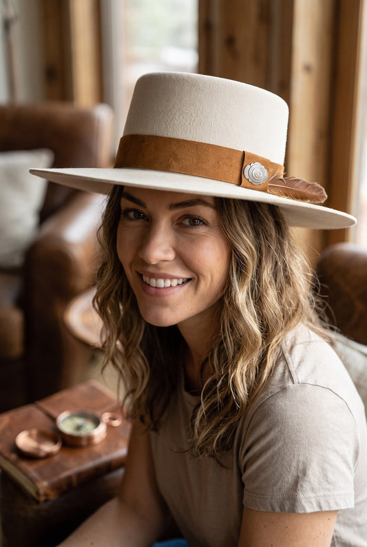 Mary Sand Gambler Felt Hat with Rust Leather Hatband