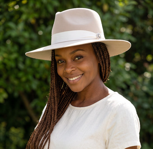 Sofia Beige Pinch Front Felt Hat with Sunflower Concho