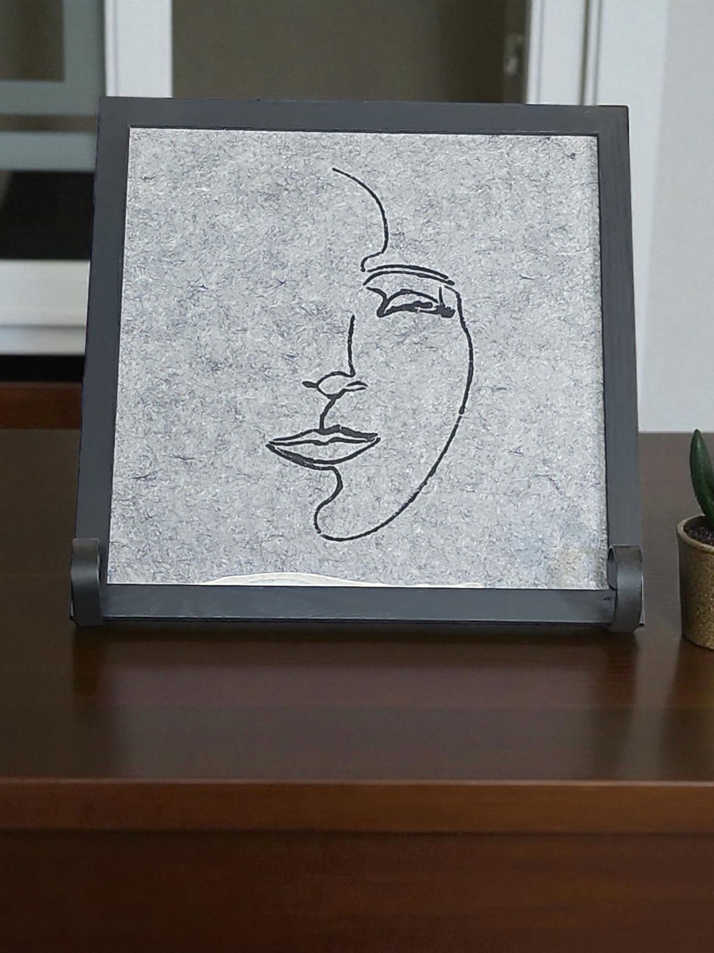 Minimalist Line Drawing of Face Painting Felt Art Acrylic Painting Vintage Black Framed 12X12