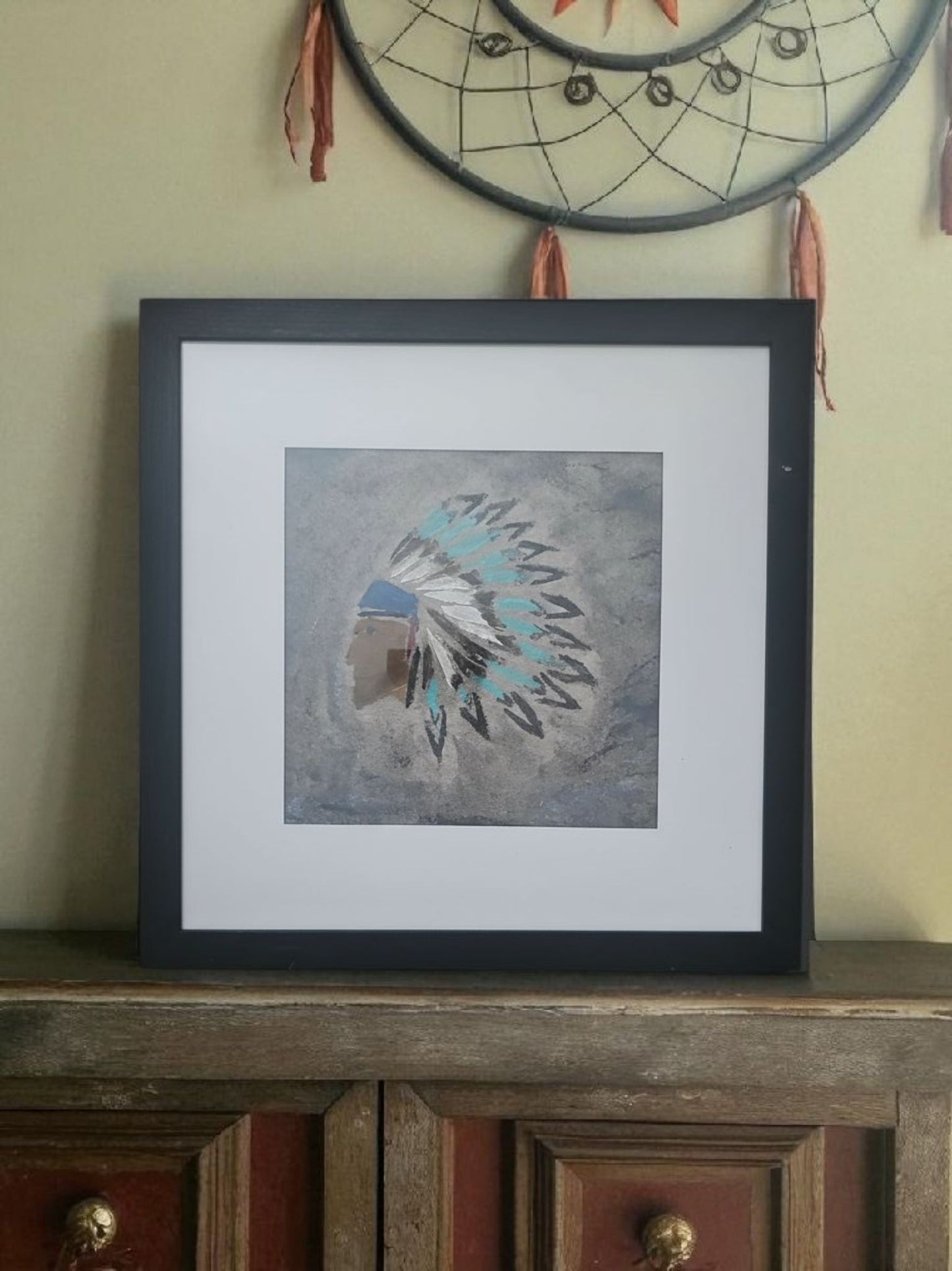 Native American Profile  Painting Felt Acrylic Art Vintage Black 12X12 Framed