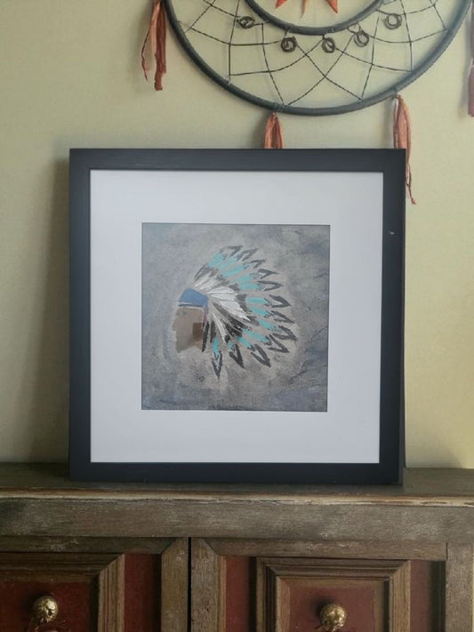 Native American Profile  Painting Felt Acrylic Art Vintage Black 12X12 Framed