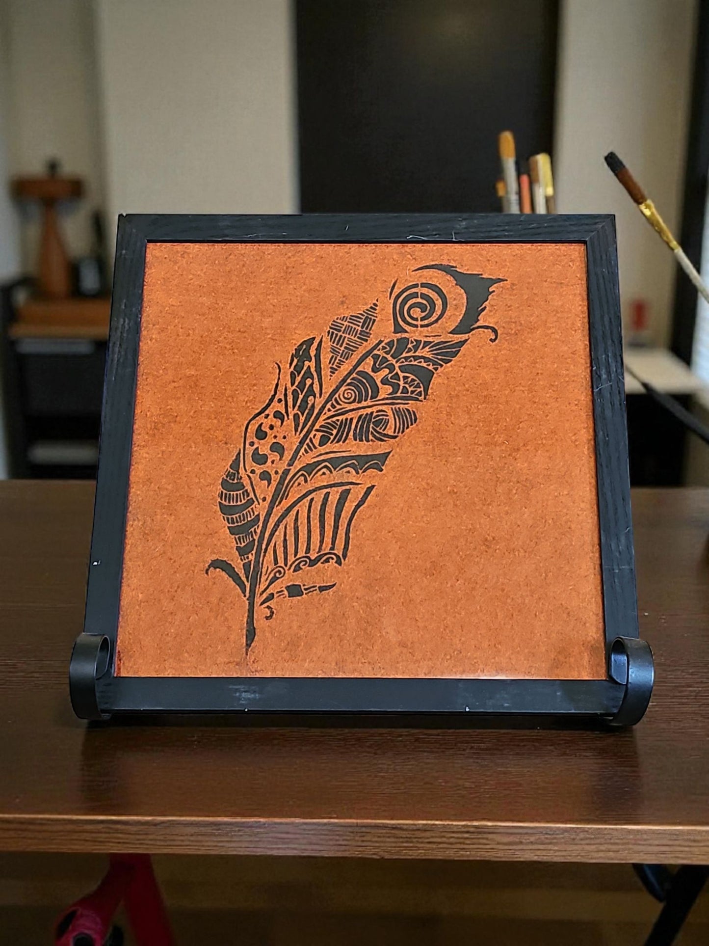 Black Intricate Design Feather Acrylic Painting Orange Felt Art Vintage Black Framed 12X12