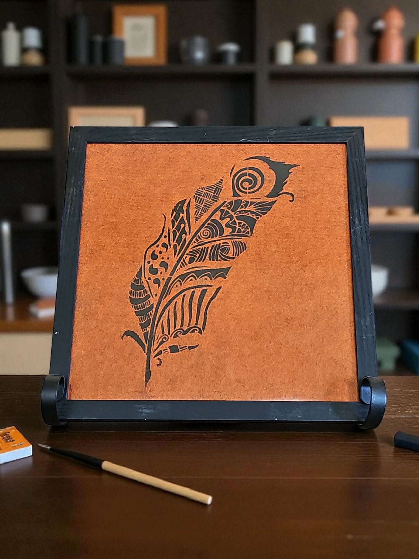 Black Intricate Design Feather Acrylic Painting Orange Felt Art Vintage Black Framed 12X12