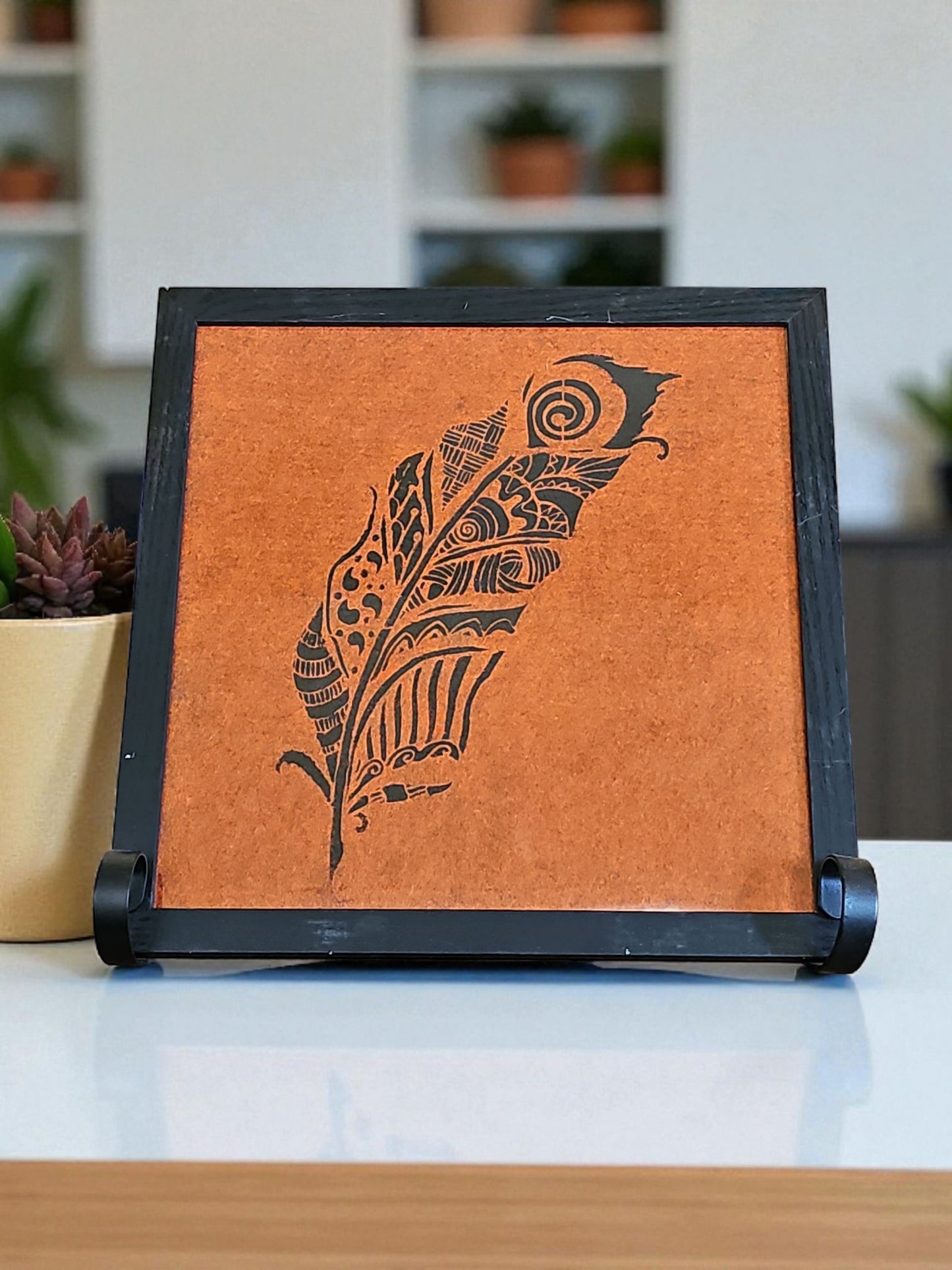 Black Intricate Design Feather Acrylic Painting Orange Felt Art Vintage Black Framed 12X12