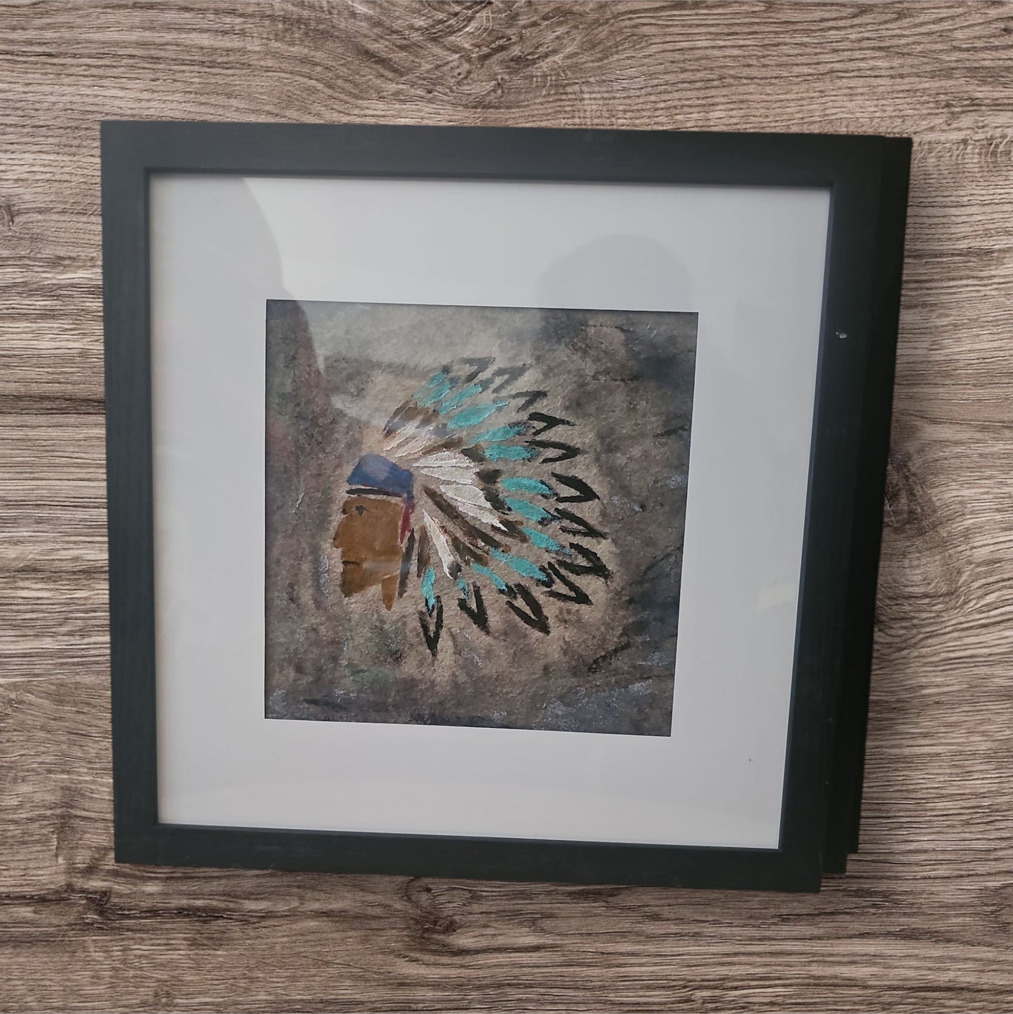 Native American Profile  Painting Felt Acrylic Art Vintage Black 12X12 Framed