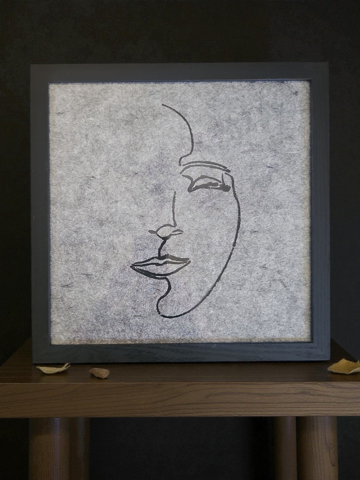 Minimalist Line Drawing of Face Painting Felt Art Acrylic Painting Vintage Black Framed 12X12