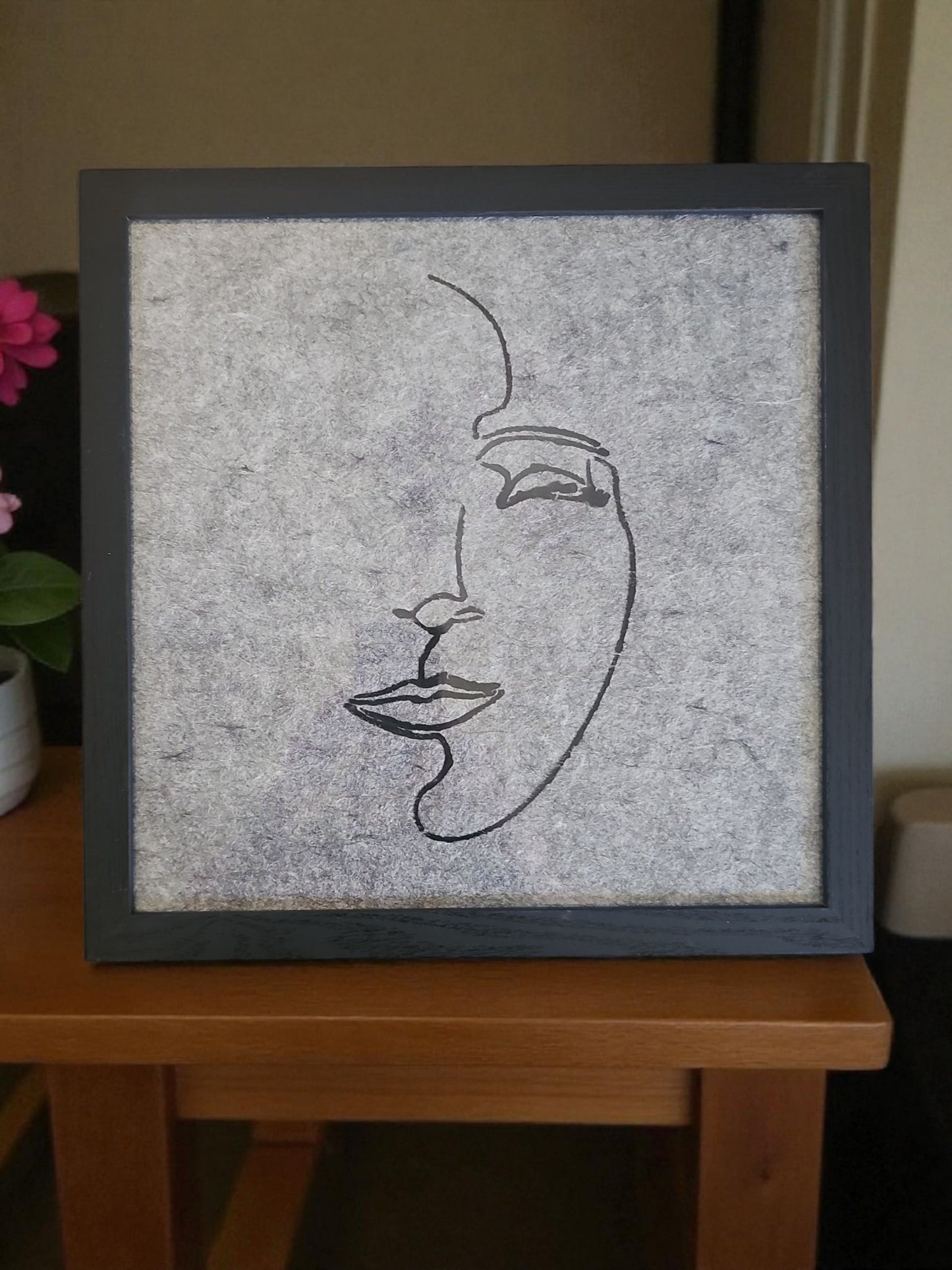 Minimalist Line Drawing of Face Painting Felt Art Acrylic Painting Vintage Black Framed 12X12