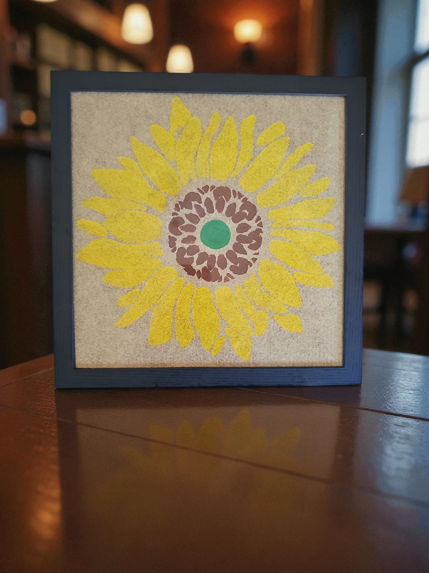 Bohemian Sunflower Felt Art Acrylic Painting Vintage Black Framed 12X12