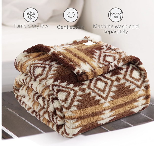 Boho Sherpa Throw Blanket, Aztec, Ultra Soft, Warm, Cozy Plush Ideal Pet Blanket