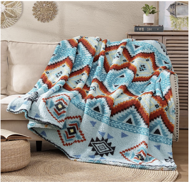Boho Sherpa Throw Blanket, Aztec, Ultra Soft, Warm, Cozy Plush Ideal Pet Blanket