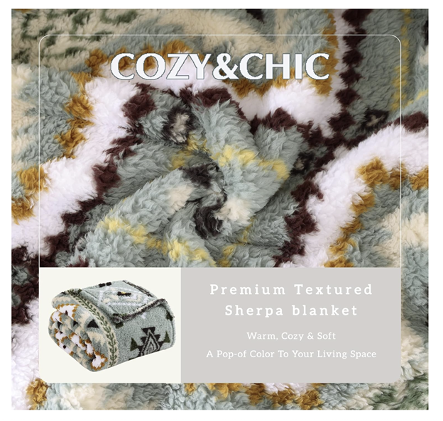 Boho Sherpa Throw Blanket, Aztec, Ultra Soft, Warm, Cozy Plush Ideal Pet Blanket