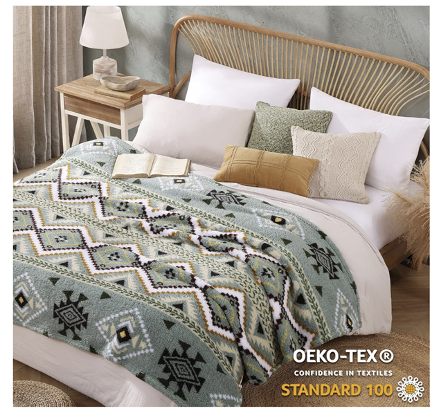 Boho Sherpa Throw Blanket, Aztec, Ultra Soft, Warm, Cozy Plush Ideal Pet Blanket