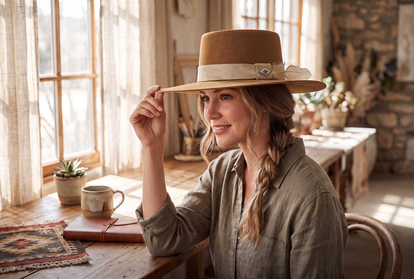 Elena Camel Gambler Felt Hat with Turquoise Concho