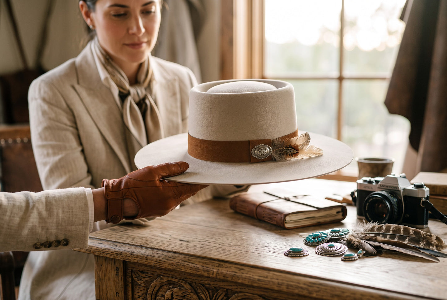 Mary Sand Gambler Felt Hat with Rust Leather Hatband