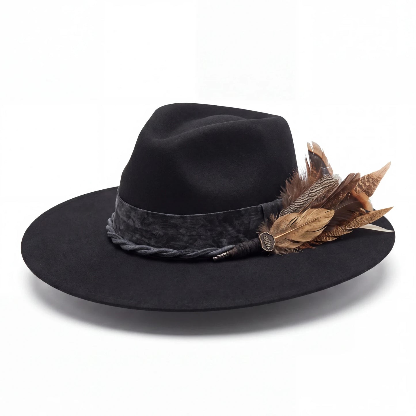 Luna Negra Black Pinch Front Felt Hat with Feather Detail | 4-Inch Brim