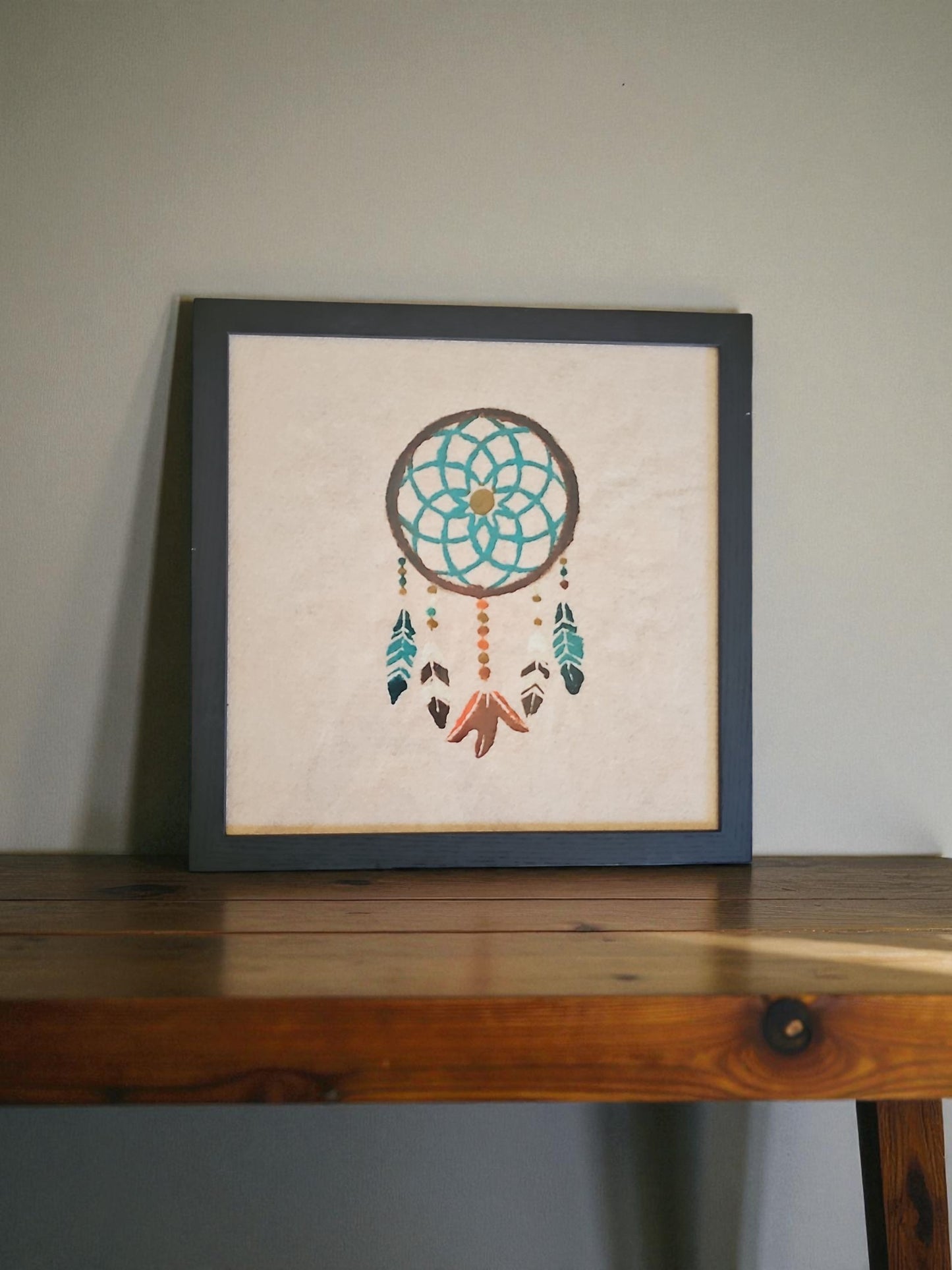 Dreamcatcher Native American Feather Felt Art Acrylic Painting Vintage Black Framed 12X12