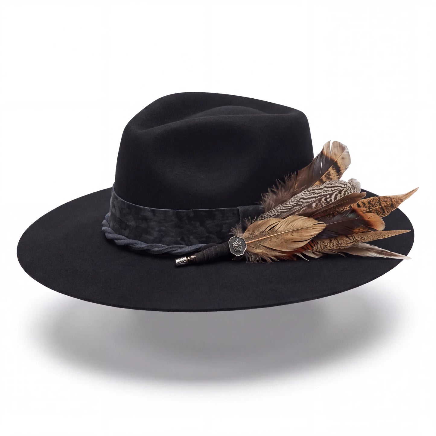 Luna Negra Black Pinch Front Felt Hat with Feather Detail | 4-Inch Brim