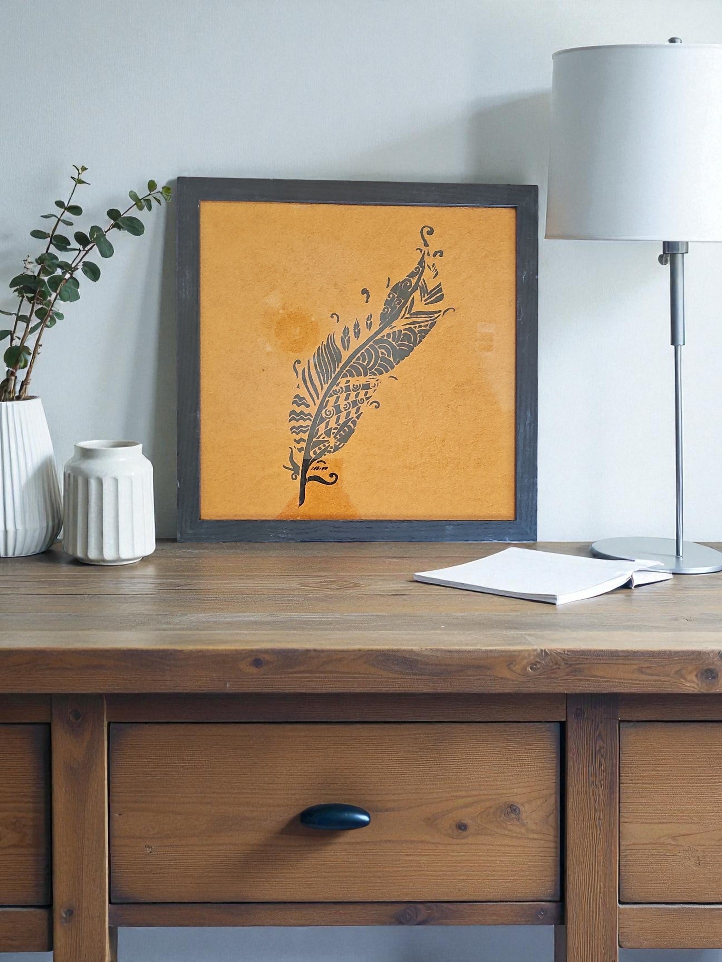 Black Intricate Design Feather Acrylic Painting Orange Felt Art Vintage Black Framed 12X12