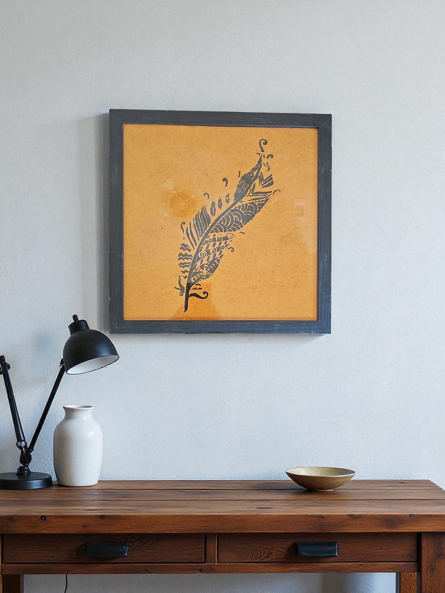 Black Intricate Design Feather Acrylic Painting Orange Felt Art Vintage Black Framed 12X12