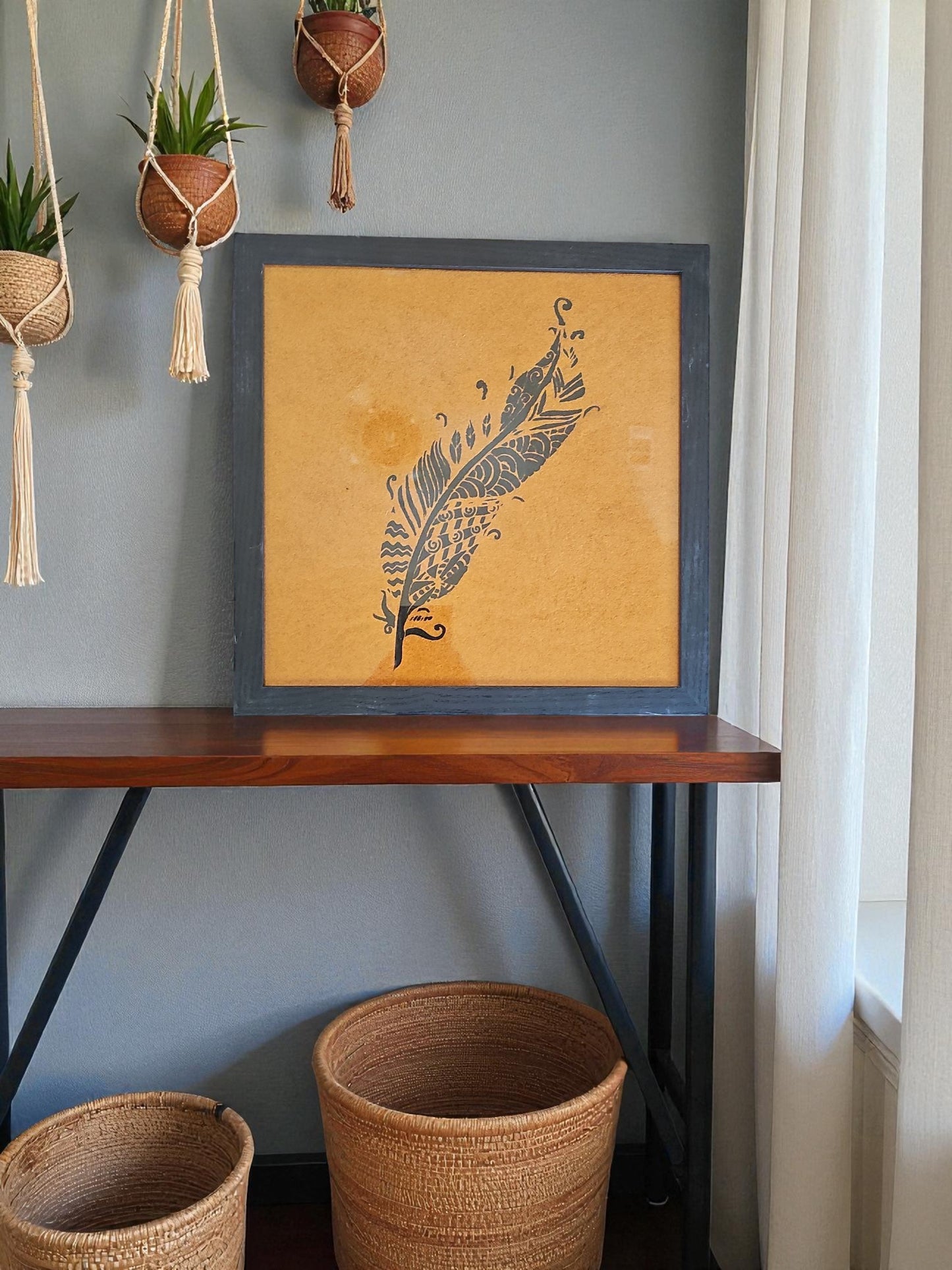 Black Intricate Design Feather Acrylic Painting Orange Felt Art Vintage Black Framed 12X12