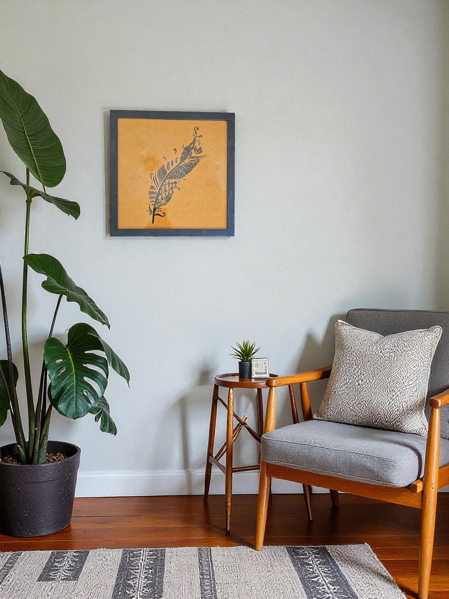 Black Intricate Design Feather Acrylic Painting Orange Felt Art Vintage Black Framed 12X12