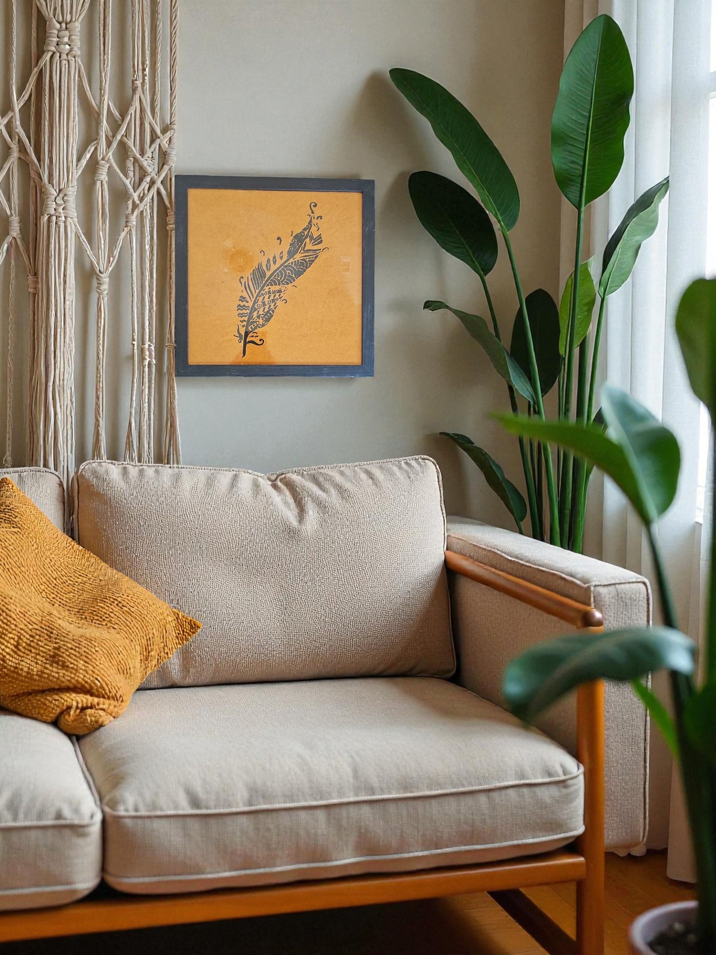 Black Intricate Design Feather Acrylic Painting Orange Felt Art Vintage Black Framed 12X12