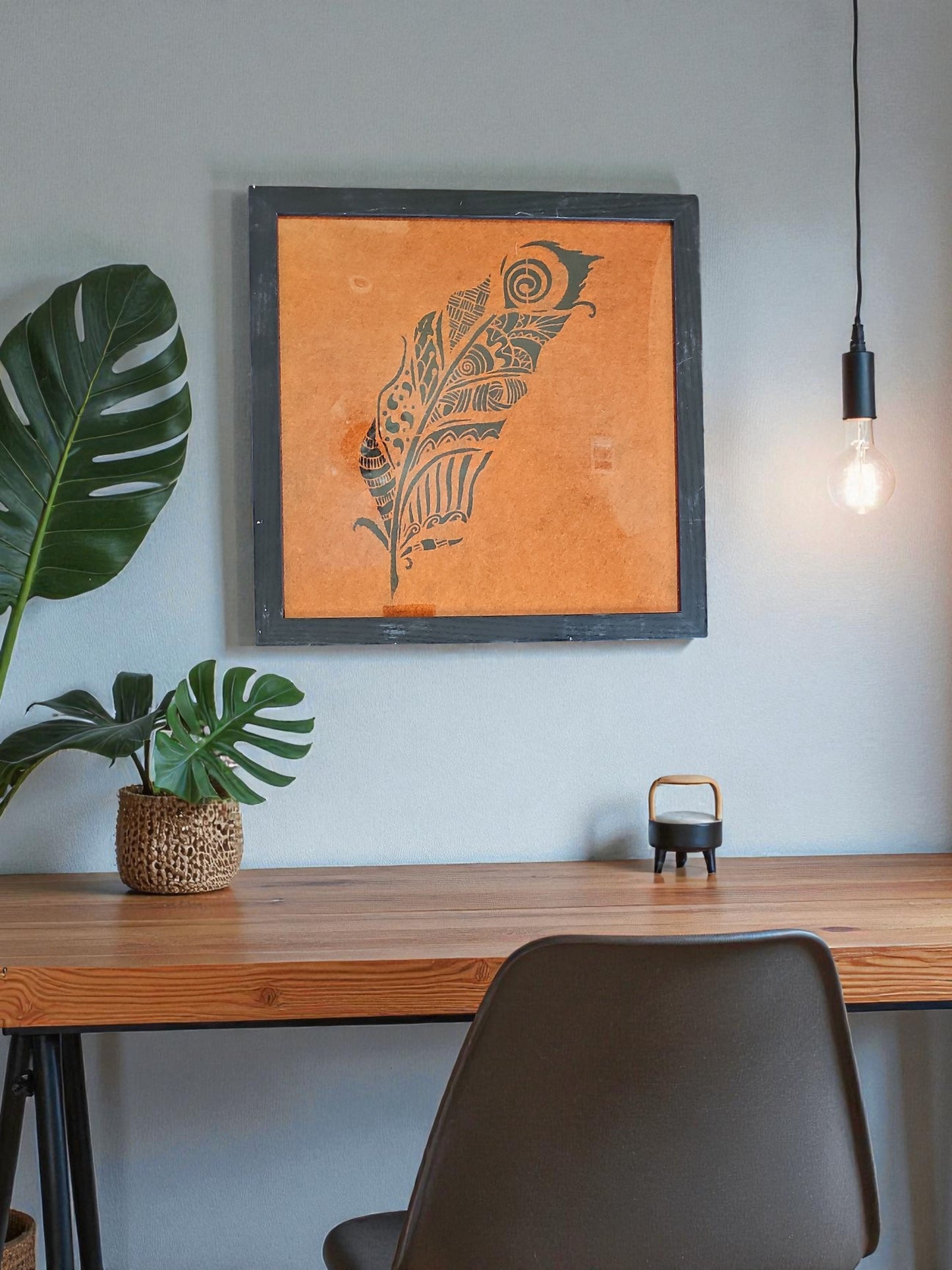 Black Intricate Design Feather Acrylic Painting Orange Felt Art Vintage Black Framed 12X12