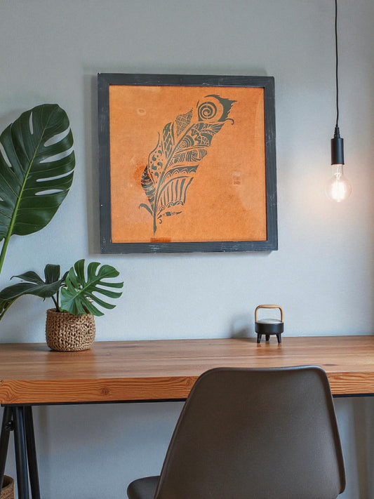 Black Intricate Design Feather Acrylic Painting Orange Felt Art Vintage Black Framed 12X12