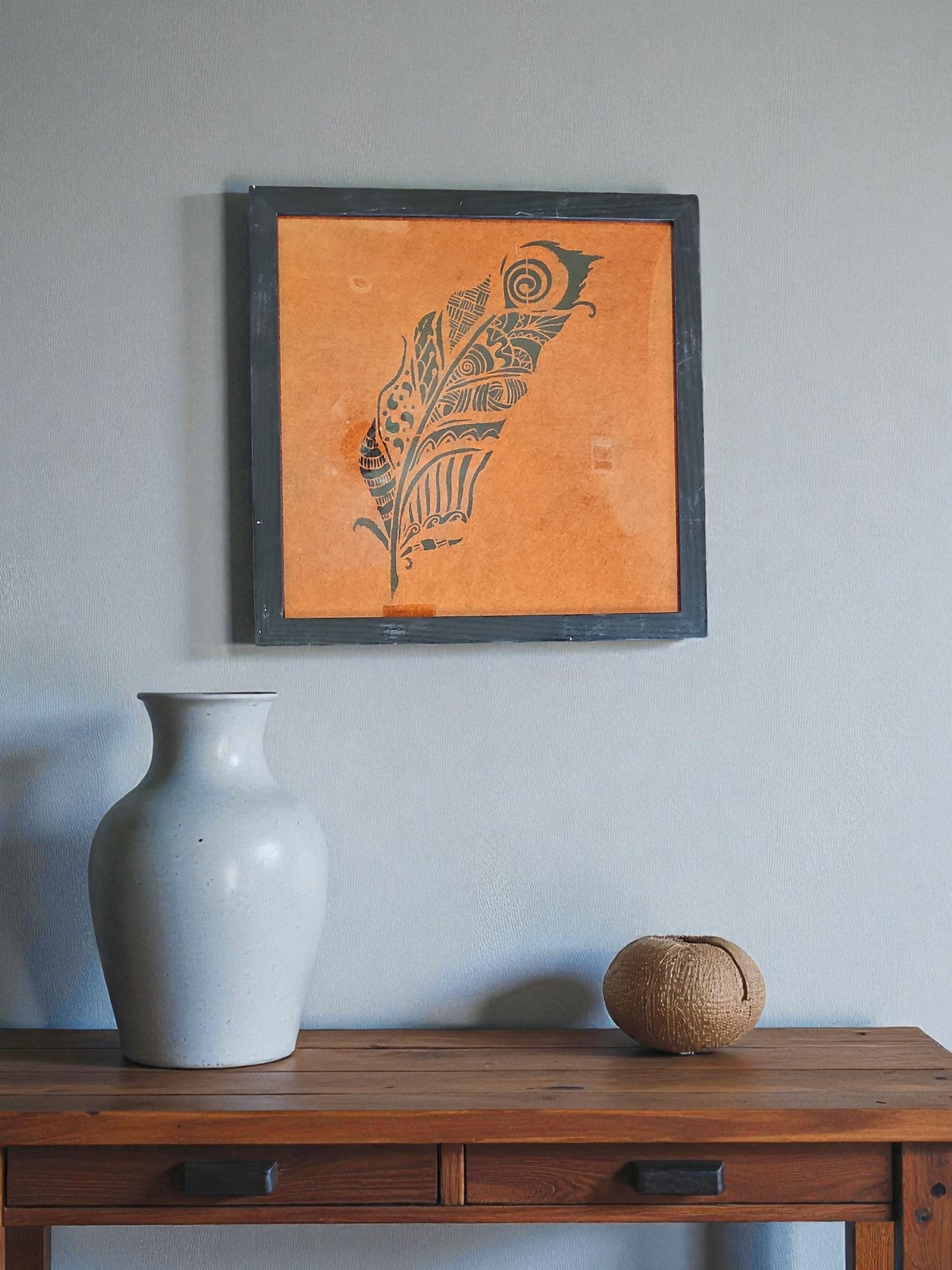 Black Intricate Design Feather Acrylic Painting Orange Felt Art Vintage Black Framed 12X12