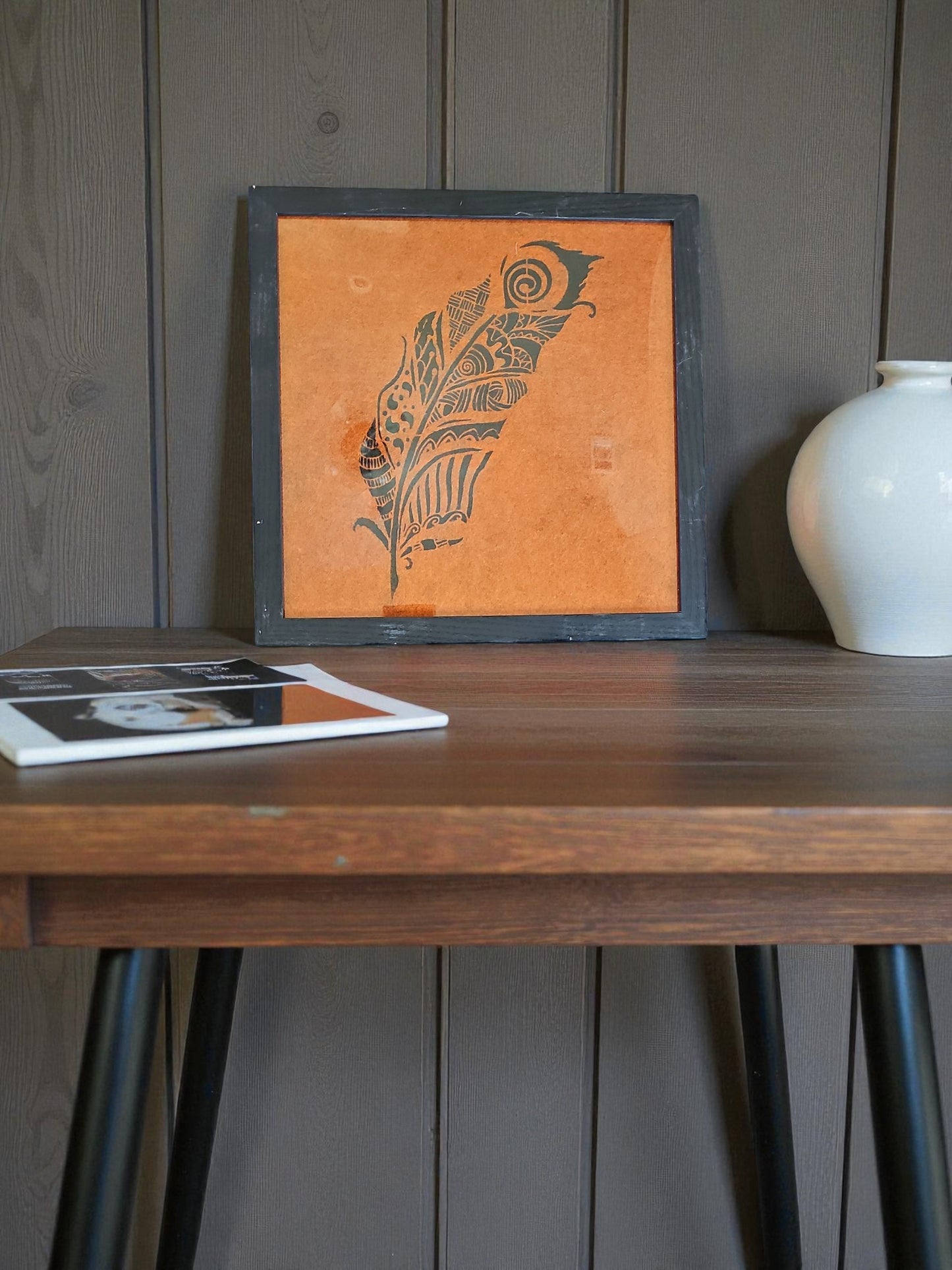 Black Intricate Design Feather Acrylic Painting Orange Felt Art Vintage Black Framed 12X12