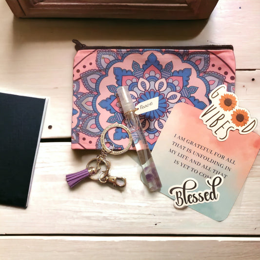 Mandala Zipper Pouch I Aromatherapy, Keychain, and Motivational Card | Uplifting Self-Care Kit