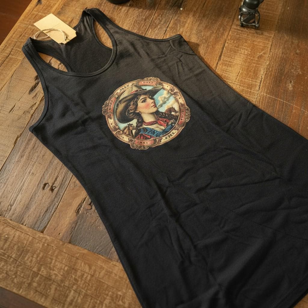 Vintage Female Handmade Western Cowgirl Medium T-Shirt, Rustic Rodeo Desert Graphic Tank