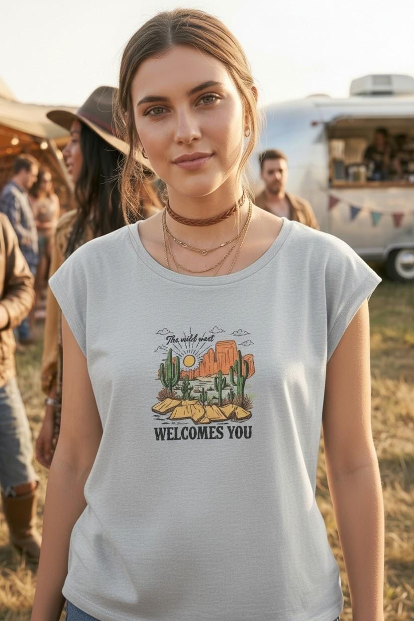 Vintage Western Desert Graphic Med Tee Wild West Cowgirl Shirt, Soft Cotton Casual Wear