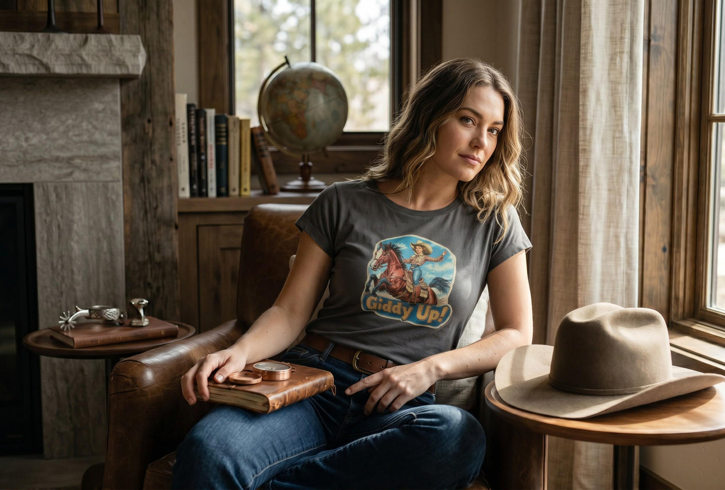 Whimsical Giddy Up Cowgirl T-shirt, Vintage Western Desert Graphic Casual Tee for Women