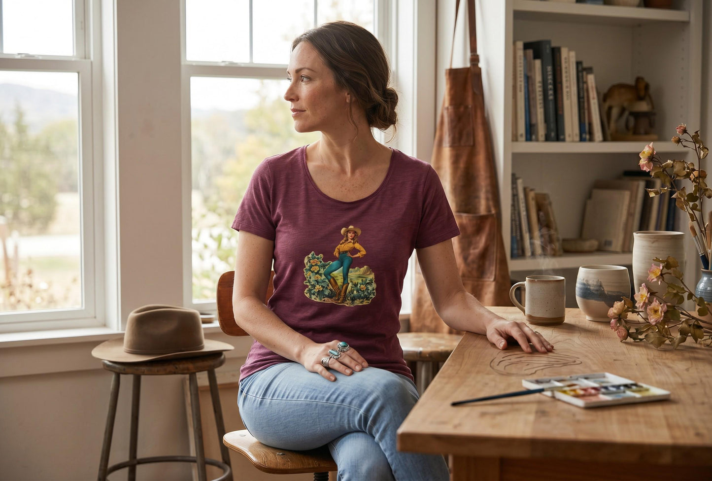 Vintage Cowgirl Desert Rodeo Graphic 2XL Tee, Western Summer Style, Handmade Retro Rustic Casual