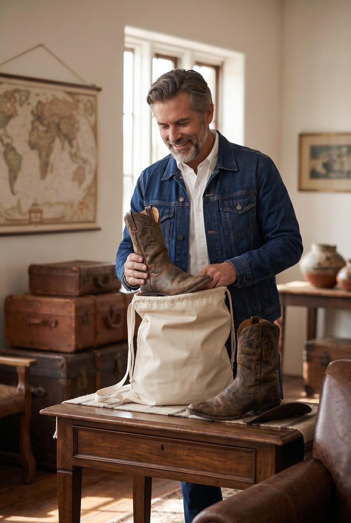 Handmade Western Canvas Drawstring Tote Bag | Cowboy Hat, Boots & Travel Accessory Bag