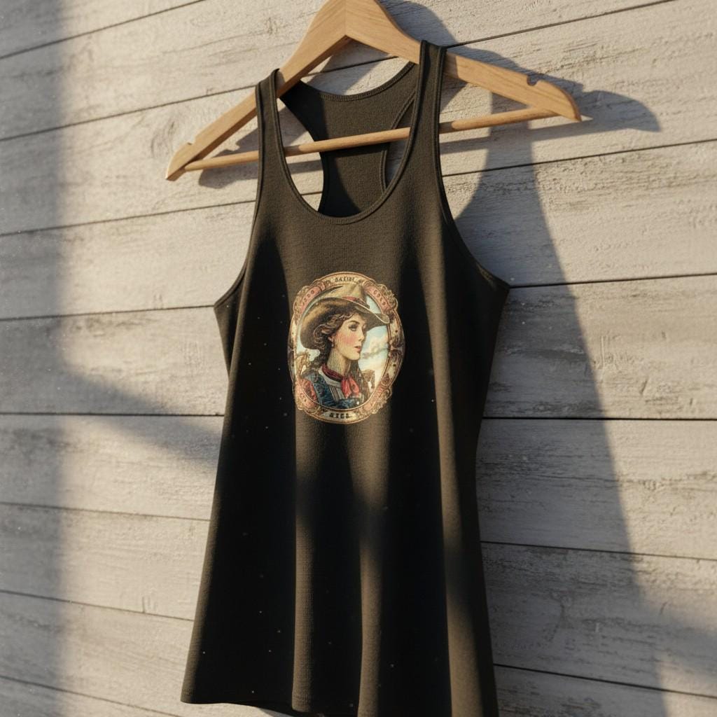 Vintage Female Handmade Western Cowgirl Medium T-Shirt, Rustic Rodeo Desert Graphic Tank