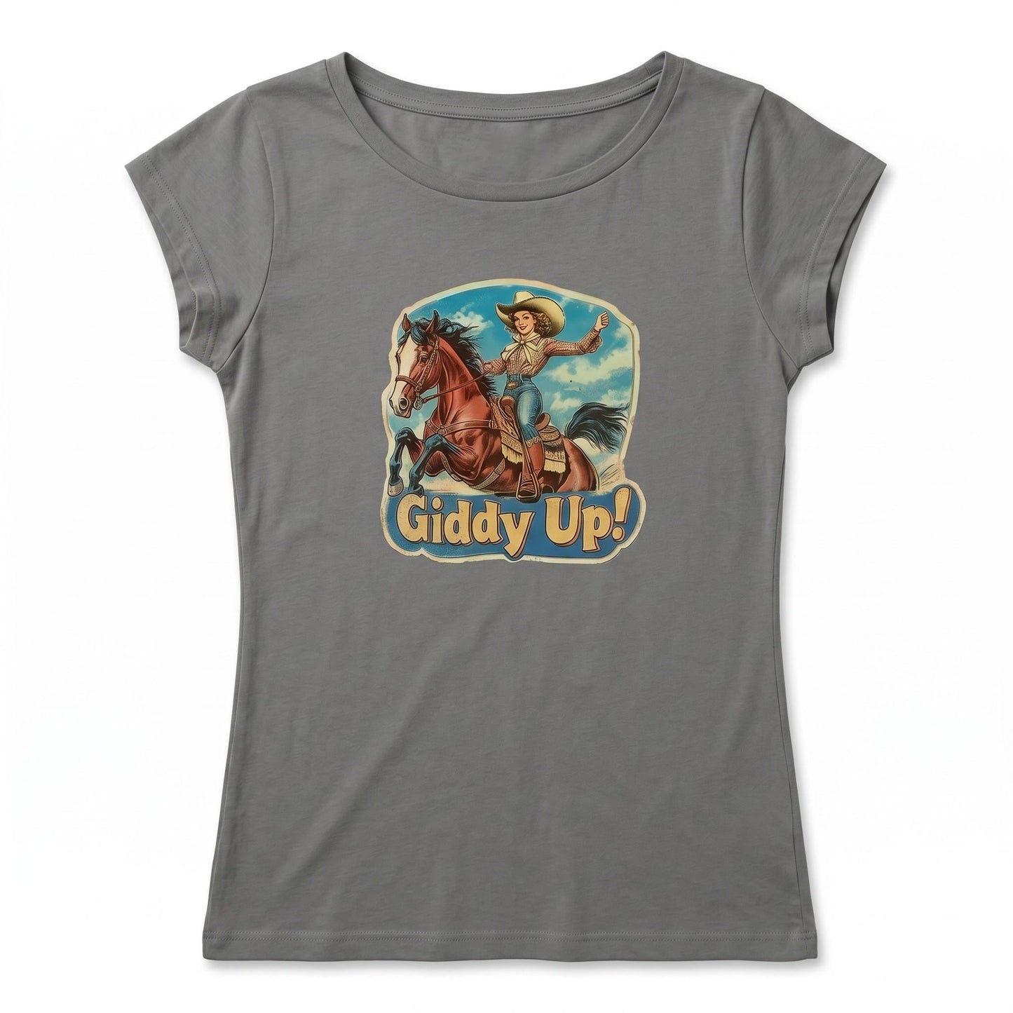 Whimsical Giddy Up Cowgirl T-shirt, Vintage Western Desert Graphic Casual Tee for Women