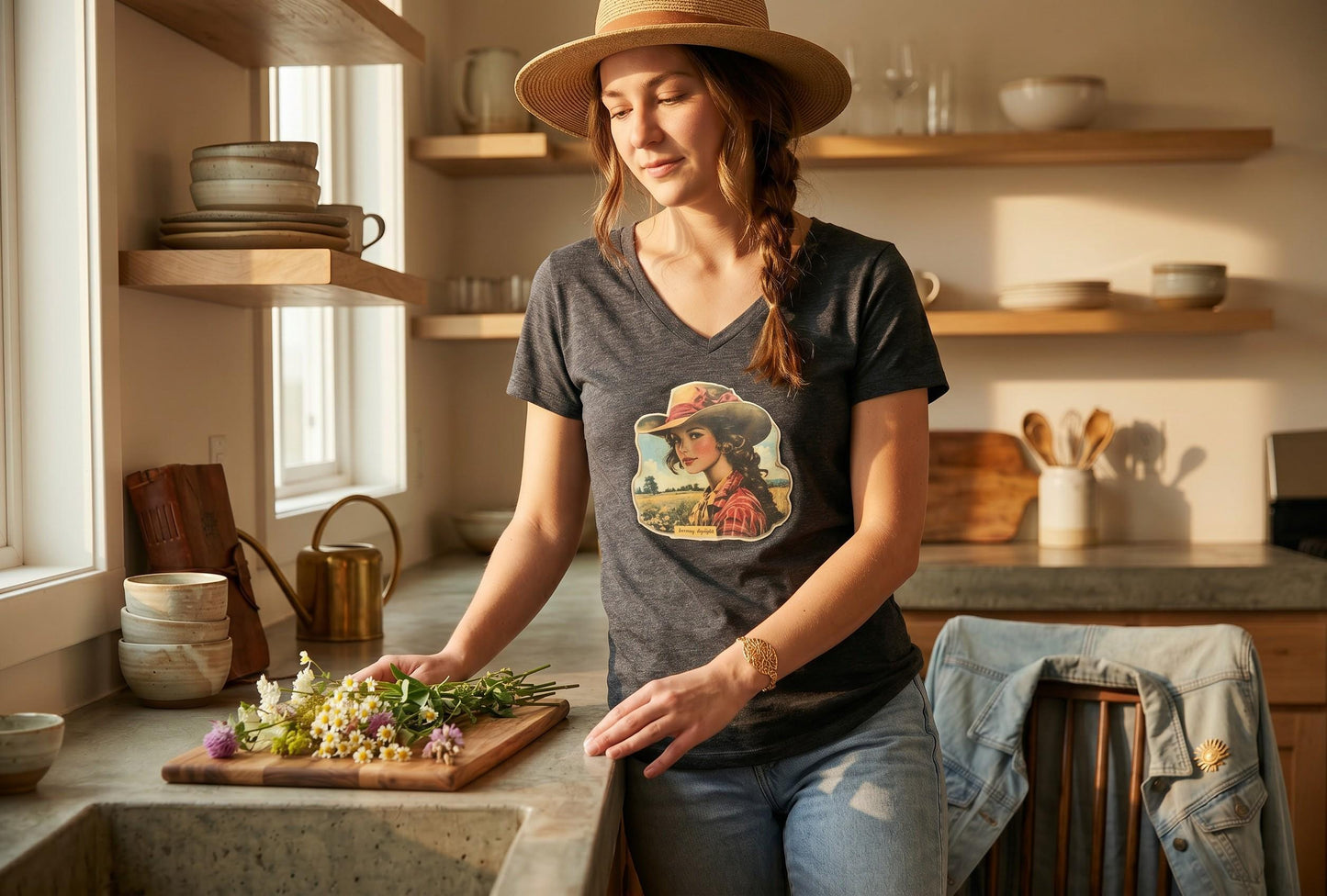 Vintage Cowgirl T-Shirt, Western Graphic Rustic Cotton Tee, Vintage Country Style, Soft Top