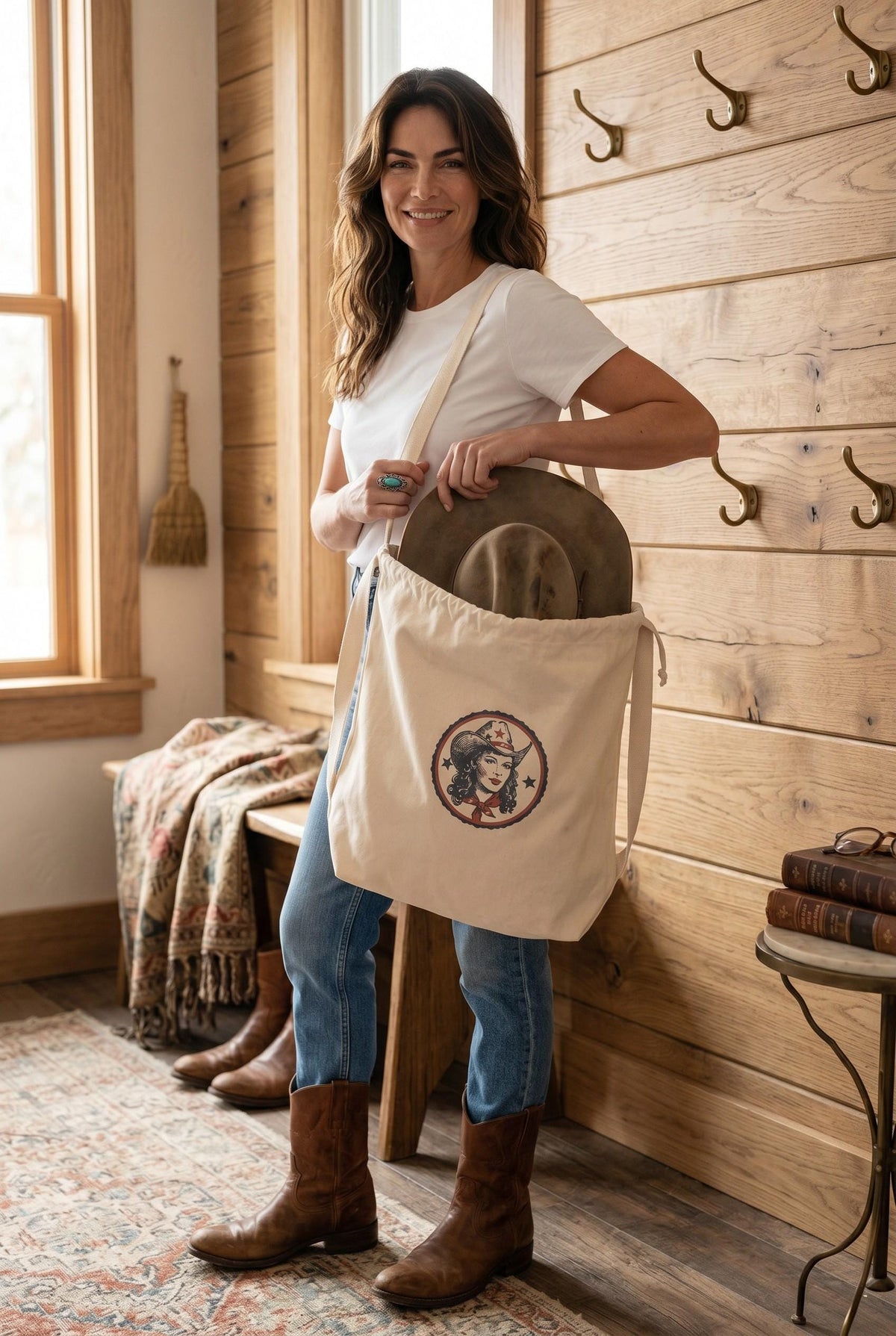 Handmade Western Canvas Drawstring Tote Bag | Cowboy Hat, Boots & Travel Accessory Bag