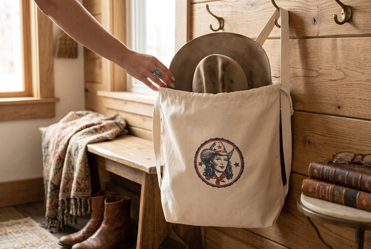 Handmade Western Canvas Drawstring Tote Bag | Cowboy Hat, Boots & Travel Accessory Bag