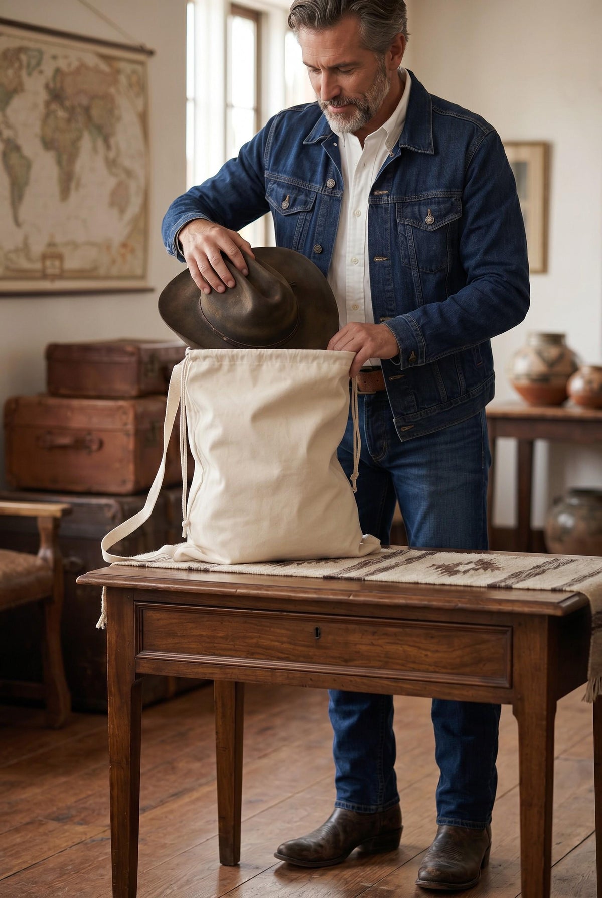 Handmade Western Canvas Drawstring Tote Bag | Cowboy Hat, Boots & Travel Accessory Bag
